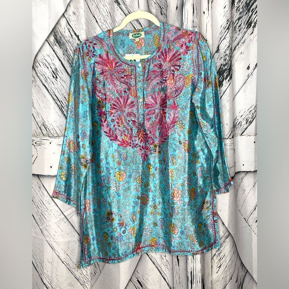 NWT Dolma Embroidered Silk Tunic Top in Size L